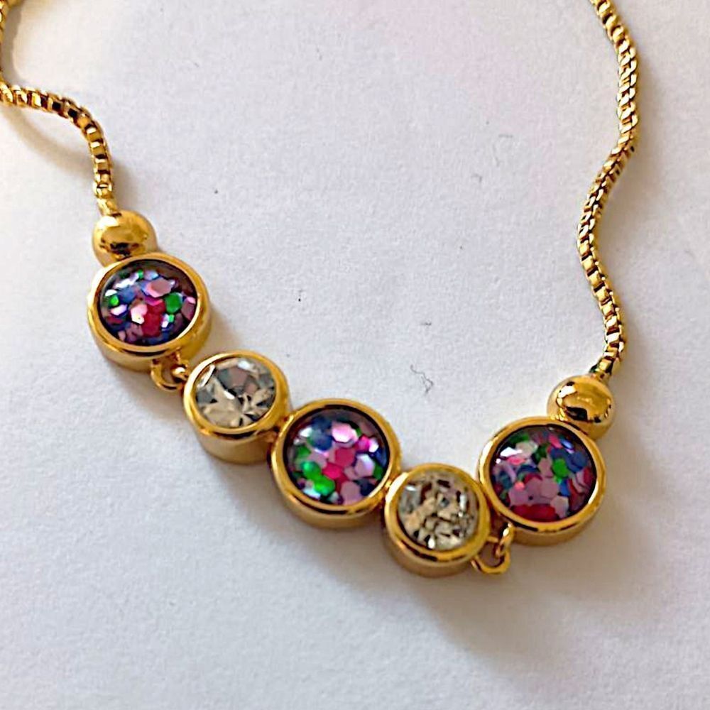 Rhinestone Bolo Bracelet Adjustable Bezel Set‎ Confetti Gold Tone Multi Color